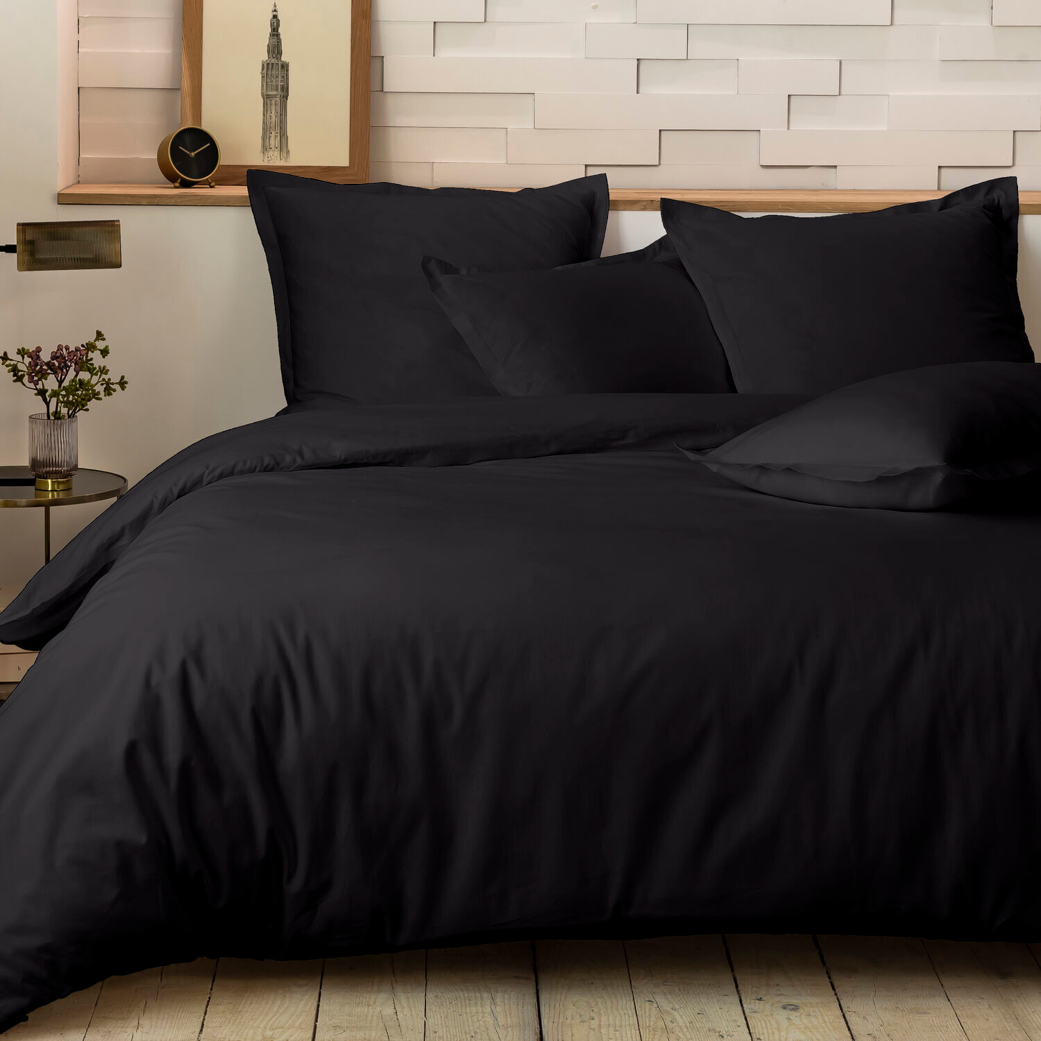 Parure housse de couette unie 100% percale de coton - mura - noir
