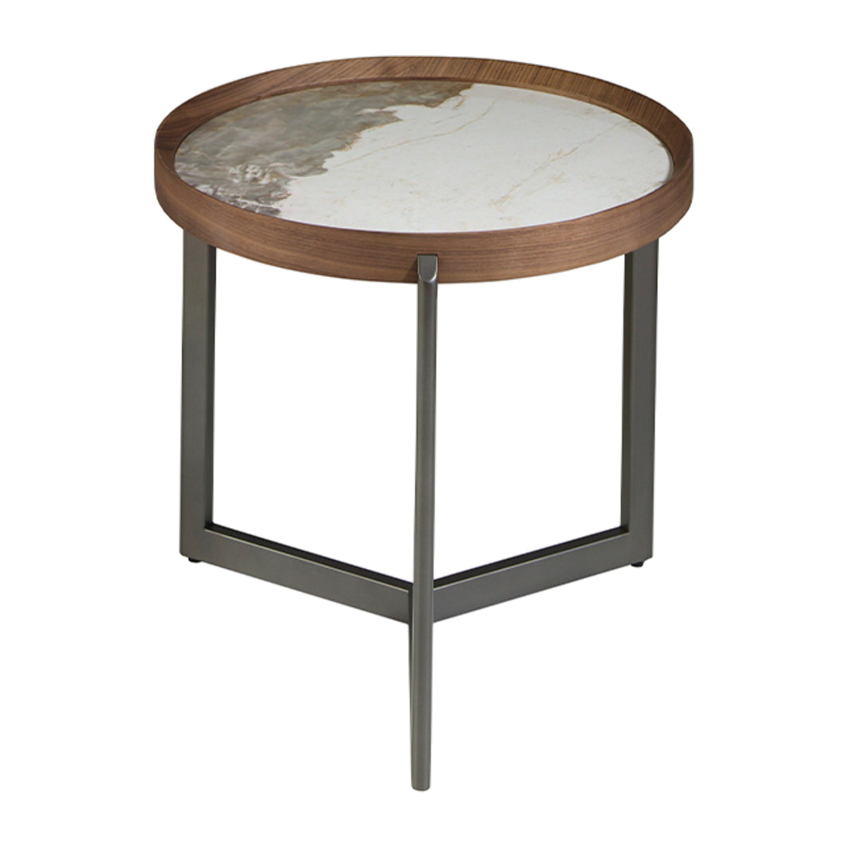 Mesa rincón redonda de madera chapada en nogal natural y tapa de mármol porcelánico blanco con vetas en tonos tierra en brillo 62x62x56cm