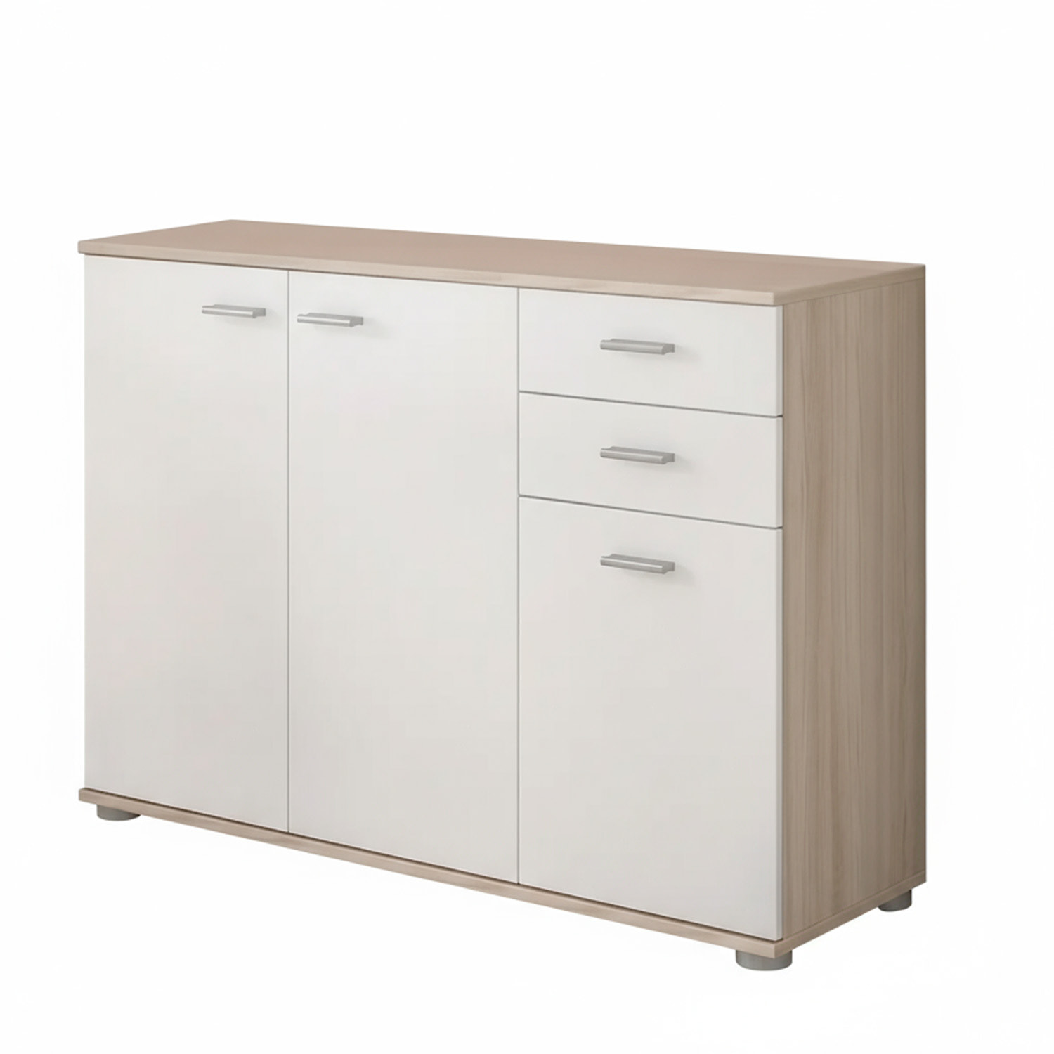 Credenza 3 Ante E 2 Cassetti Credenza Soggiorno Cucina Madia Moderna Multi Spazio Mobile Credenza in Legno Itaca 103 X 70 x 35 Cm Bianco e Rovere