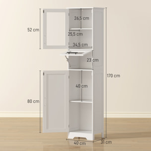 Armario de Baño Alto, Mueble Auxiliar de Baño con Puerta de Vidrio, Estantes Ajustables, Cajón, Columna Estrecha para Espacios Pequeños, 40x31x170 cm, Blanco