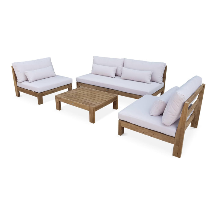 Salon de jardin XXL en bois brossé. effet blanchi – BAHIA – coussins beiges. ultra confortable. 5 à 7 places
