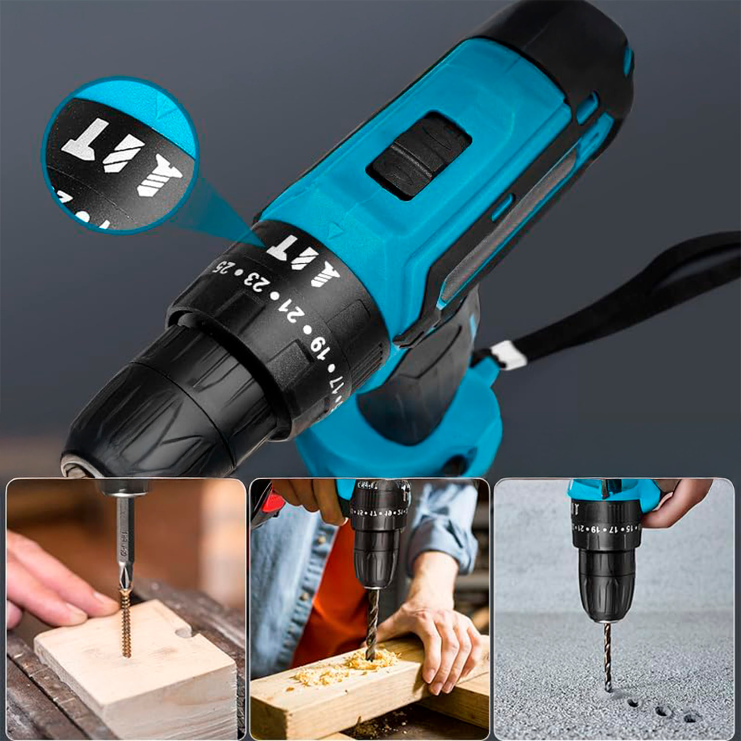 Set di attrezzi con valigetta, trapano elettrico senza fili e 28 accessori.