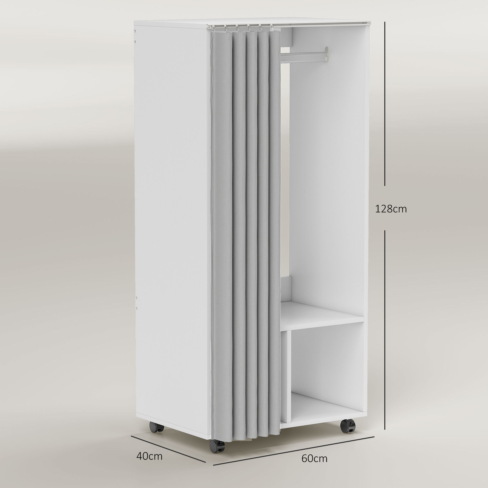 HOMCOM Armario Ropero con Ruedas, Armario para Ropa con Cortina, Barra para Colgar, 2 Compartimentos, Organizador de Ropa para Dormitorio, 60x40x128 cm, Blanco