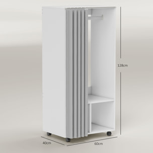 HOMCOM Armario Ropero con Ruedas, Armario para Ropa con Cortina, Barra para Colgar, 2 Compartimentos, Organizador de Ropa para Dormitorio, 60x40x128 cm, Blanco