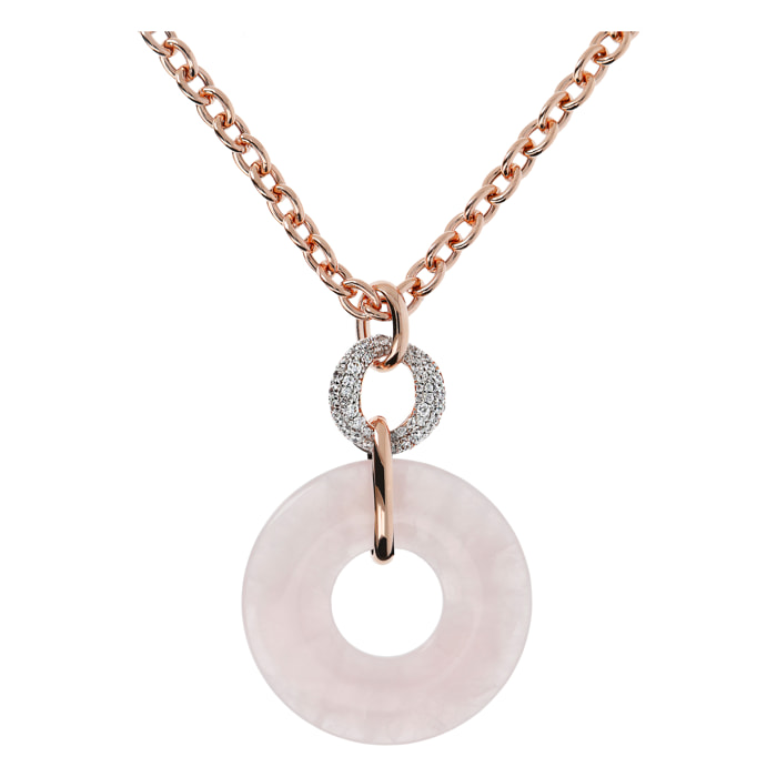 Collana Catena Rolo con Pendente Doppio Cerchio in Quarzo Rosa e Cubic Zirconia