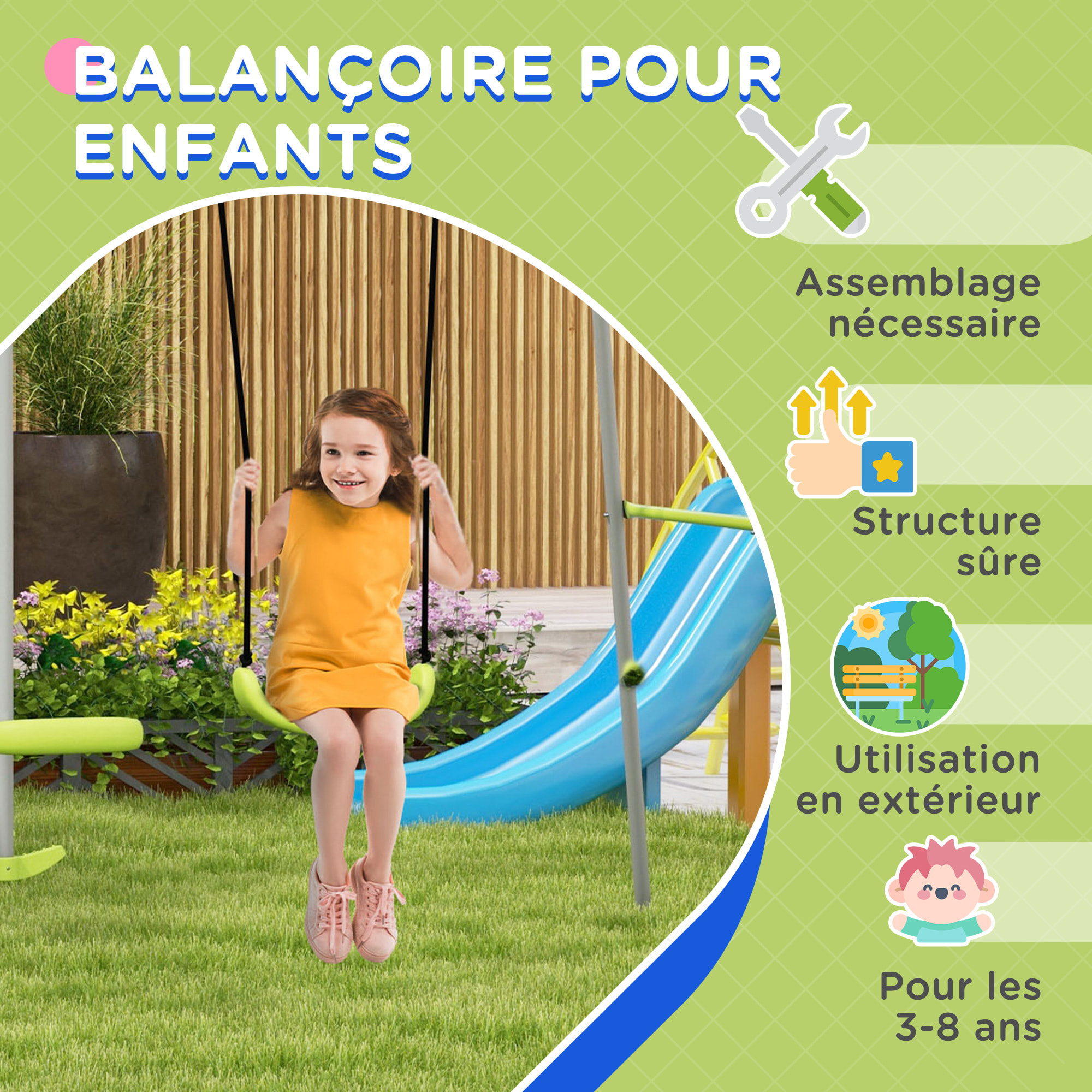 Balançoire 2 agrès portique avec balançoire et face à face dim. 2,55L x 1,6l x 1,8H m métal époxy PE gris vert