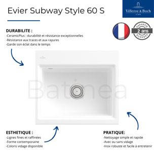 Evier Subway Style 60 S Blanc CeramicPlus vidage manuel finition anthracite