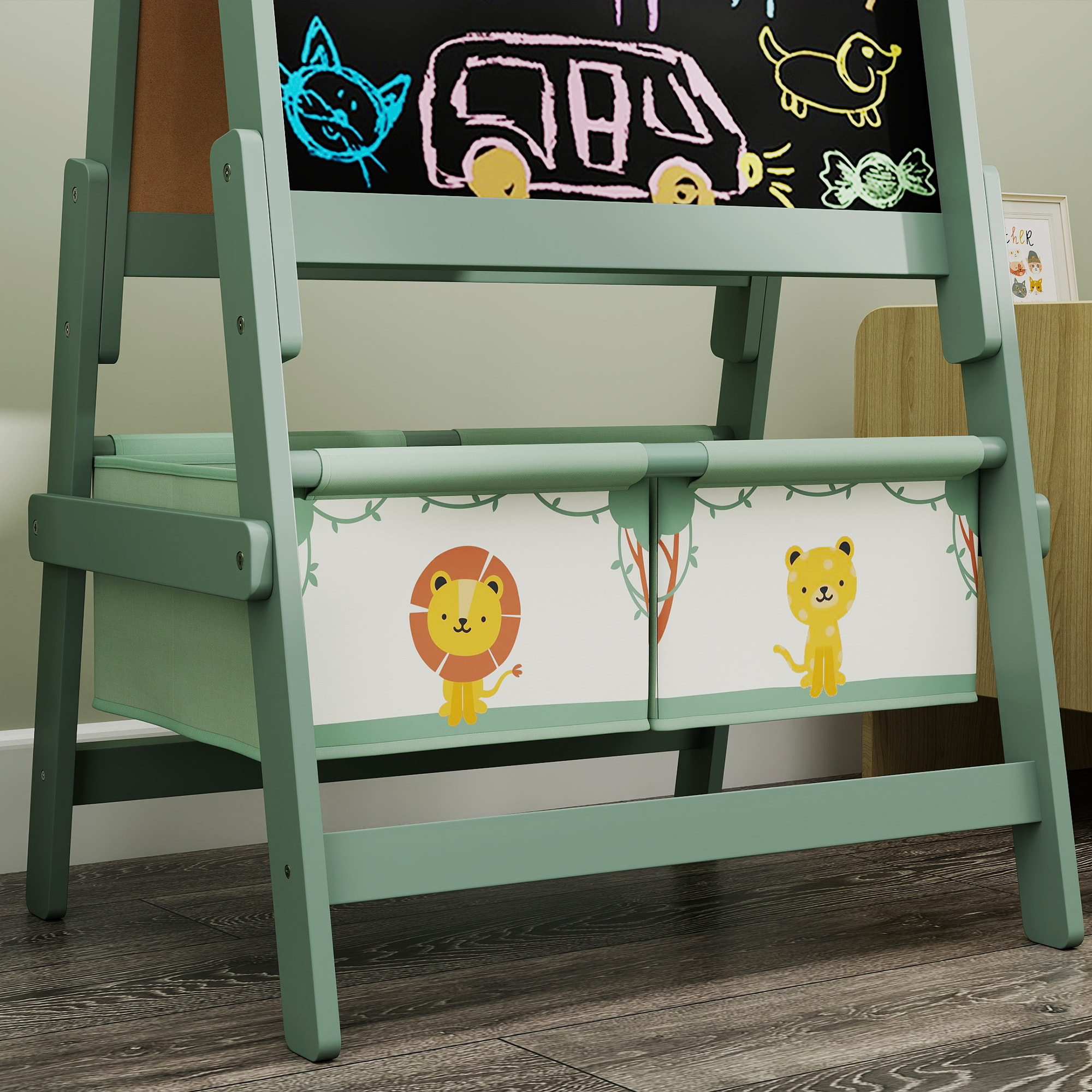 Tableau chevalet enfant - tableau blanc, tableau à craie, rouleau papier 3 en 1 - paniers rangement intégrés - MDF pin vert