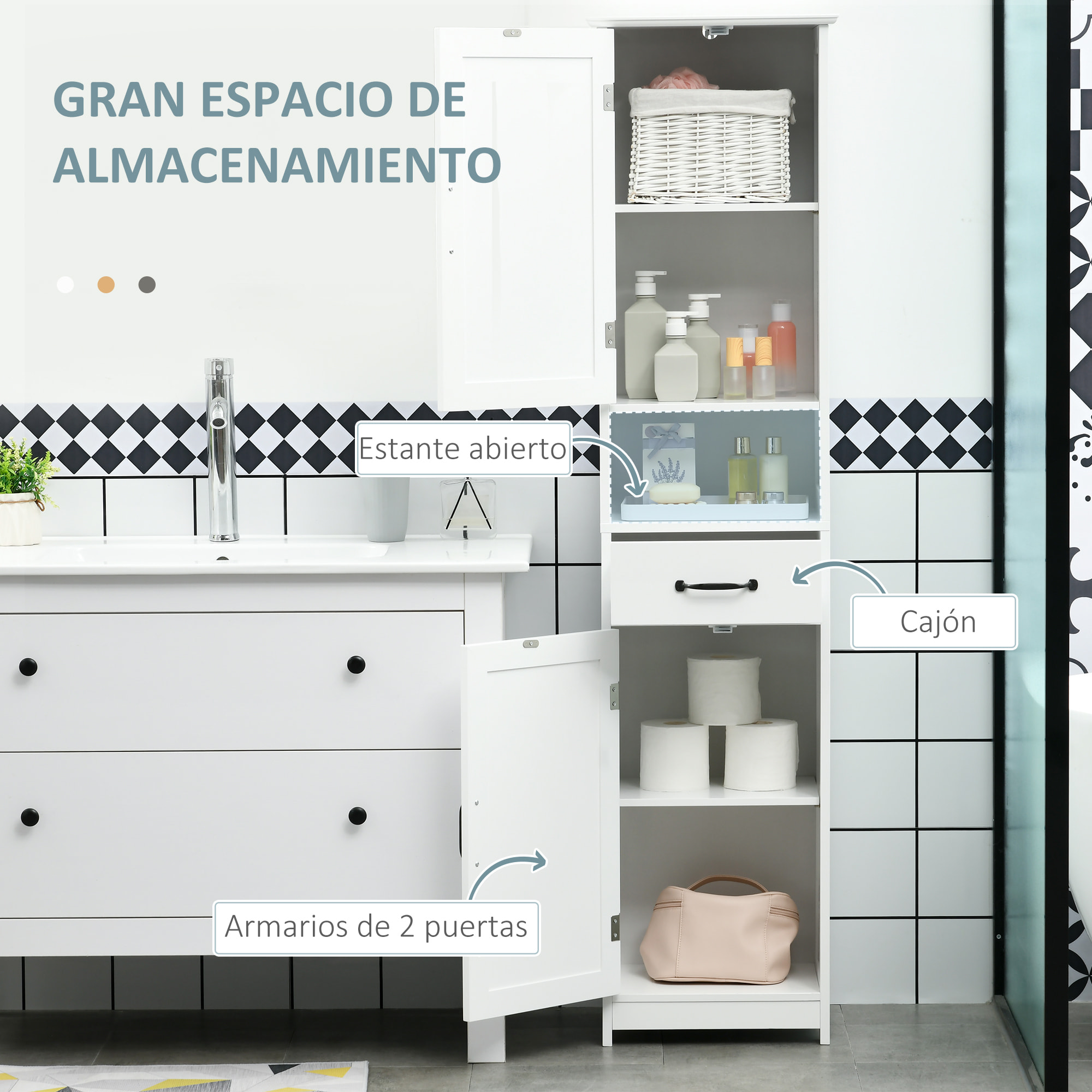 Columna de Baño Armario de Baño Alto con 2 Puertas 1 Cajón Estante Abierto y Estantes Ajustables Antivuelco 40x30x164 cm Blanco