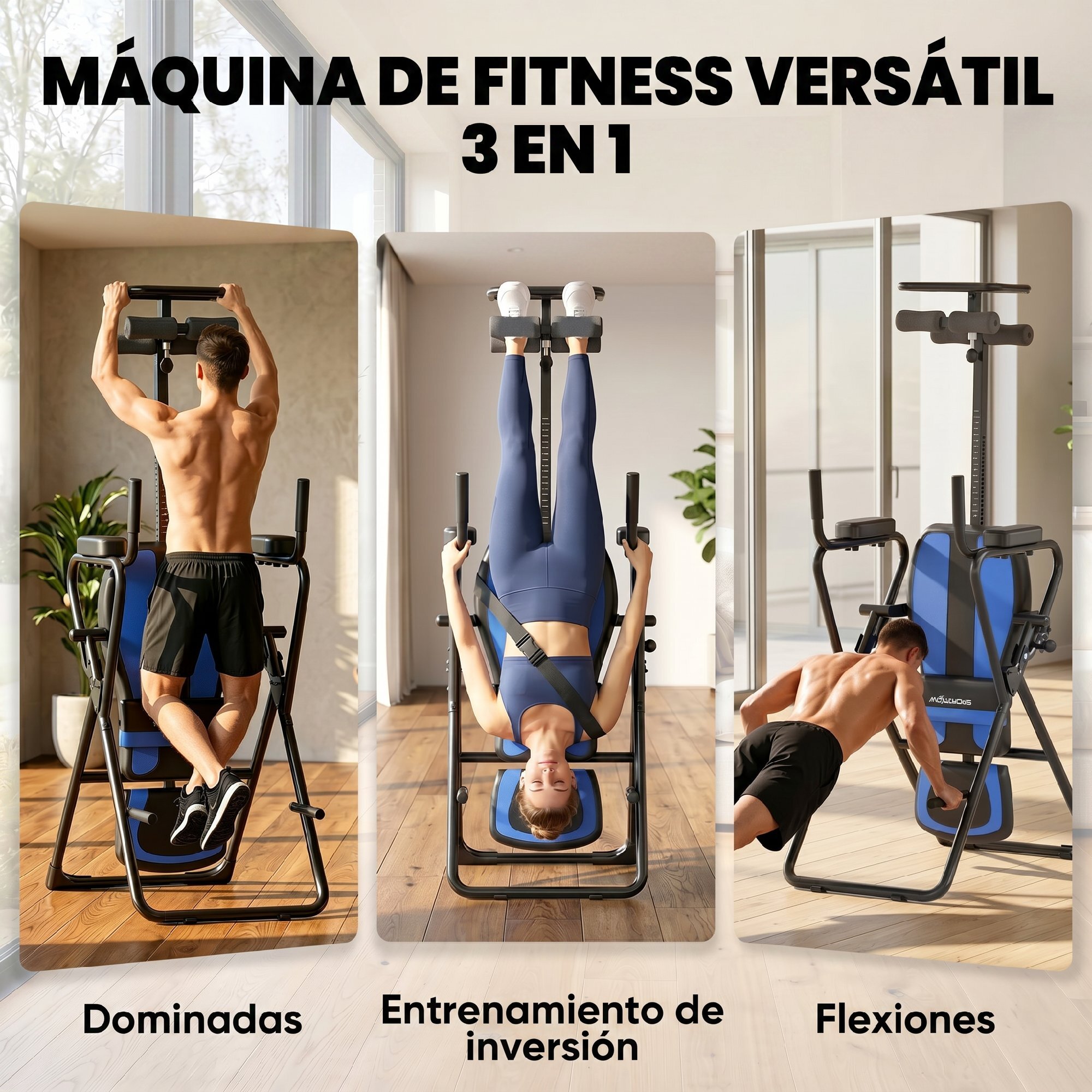 Tabla de Inversión Plegable 3 en 1 con Dominadas y Flexiones Reposacabezas Altura Ajustable 155-198 cm Ángulos 20° 40° 60° Banco de Inversión con Soporte Lumbar Tobillo Bloqueo Cinturón Azul