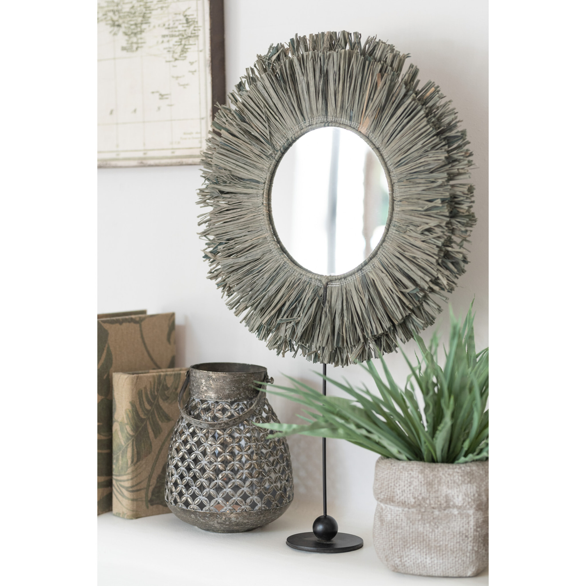 J-Line miroir Sur Pied Rond - rotin - gris - 41 x 50 cm