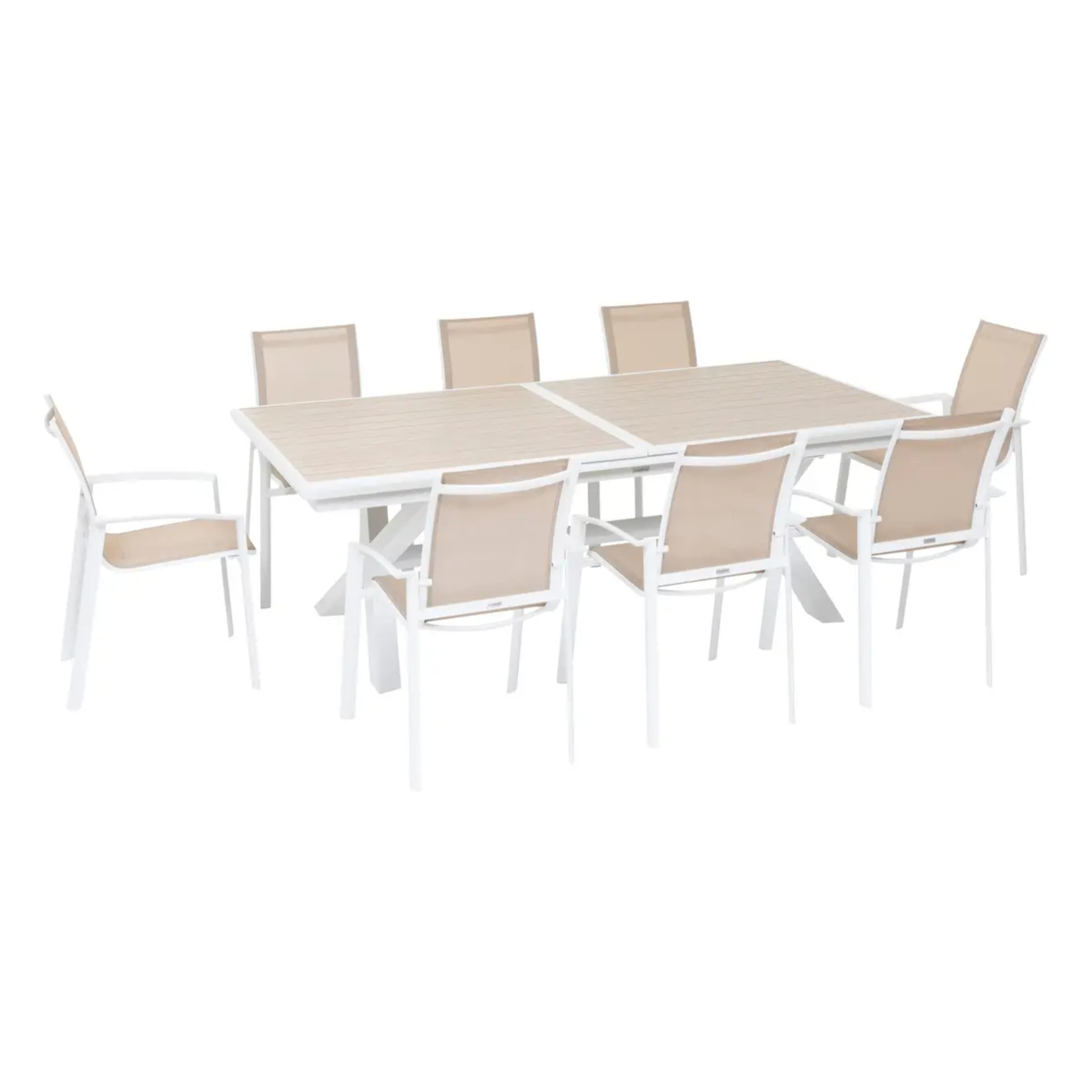 Table de jardin extensible "Axiome" en aluminium lin & blanc traité époxy 10 places