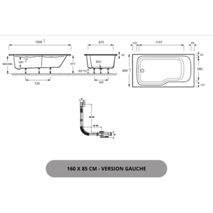 Pack baignoire bain douche 160 x 85 Malice version gauche + tablier en niche