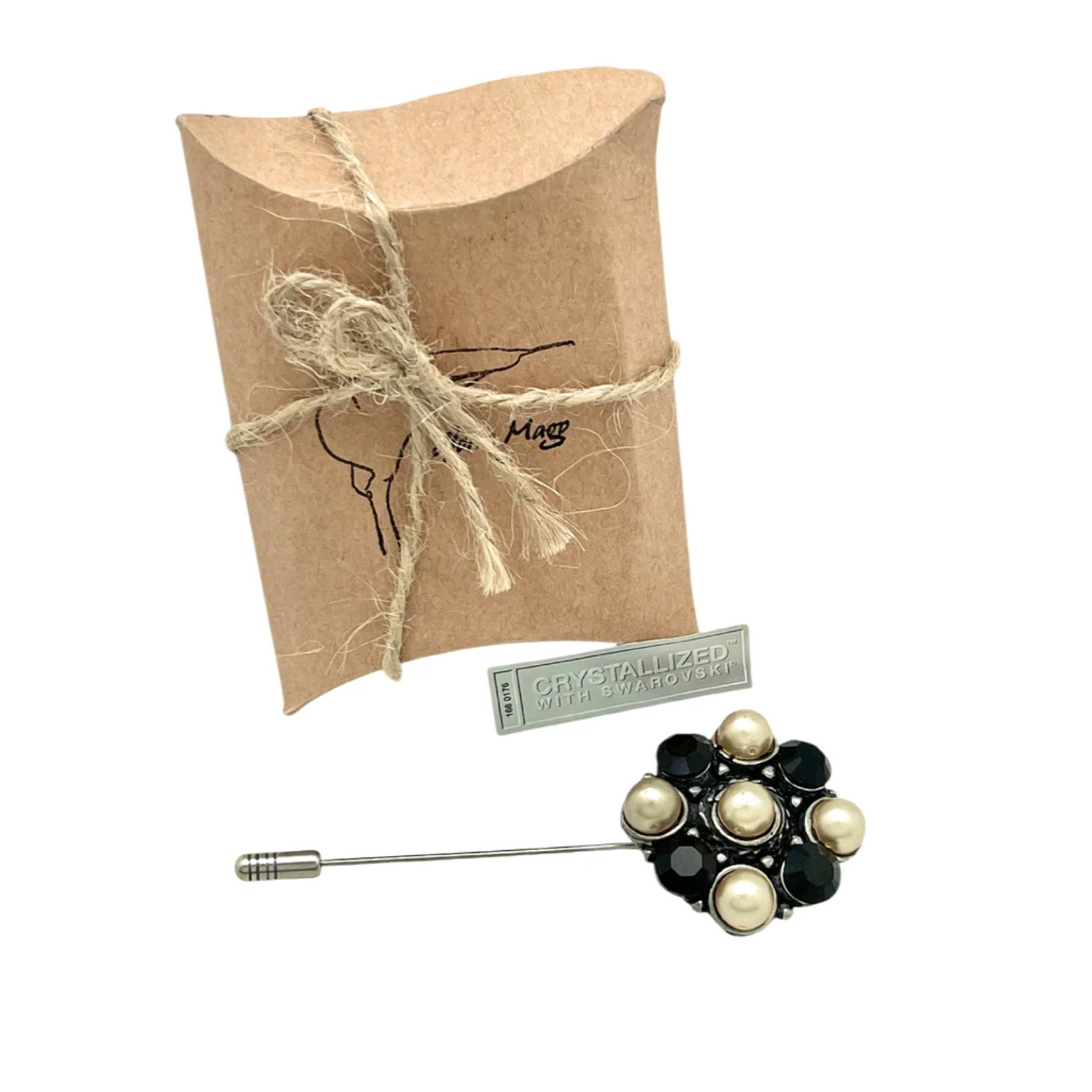 Broche - Alfiler Redondo con Perlas y Cristales Negros plata 10µ