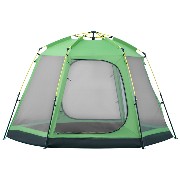 Tente de camping familiale 6 personnes montage instantanée Pop-up 4 fenêtres 2 portes dim. 320L x 320l x 176H cm fibre verre polyester vert gris