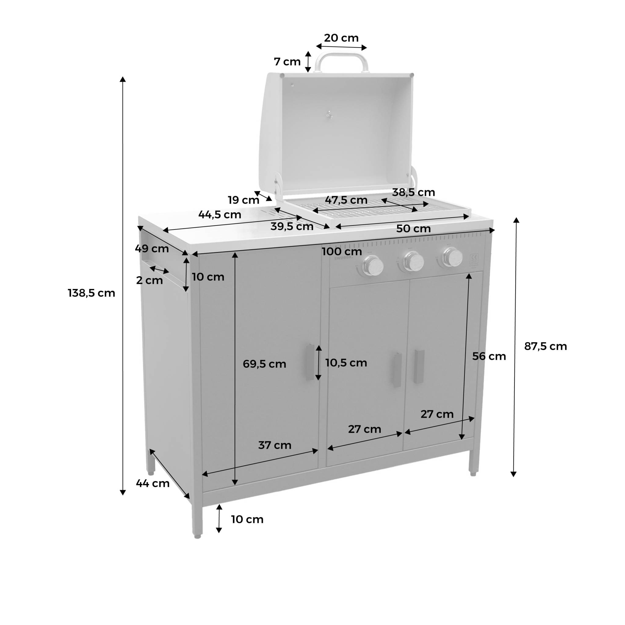 Barbecue gaz 3 brûleurs. beige. 3 portes et 2 espaces de rangement