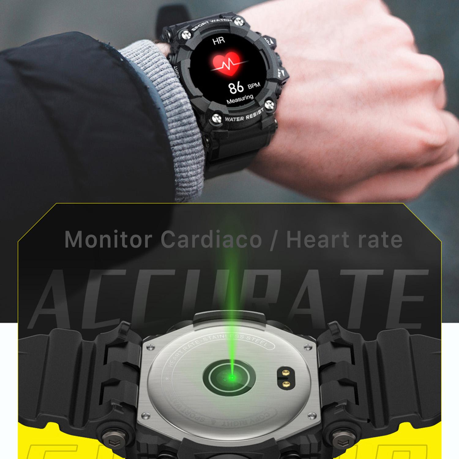 Smartwatch T6 con carcasa de alta resistencia. Monitor cardiaco dinámico, varios modos deportivos e informacion meteorológica.