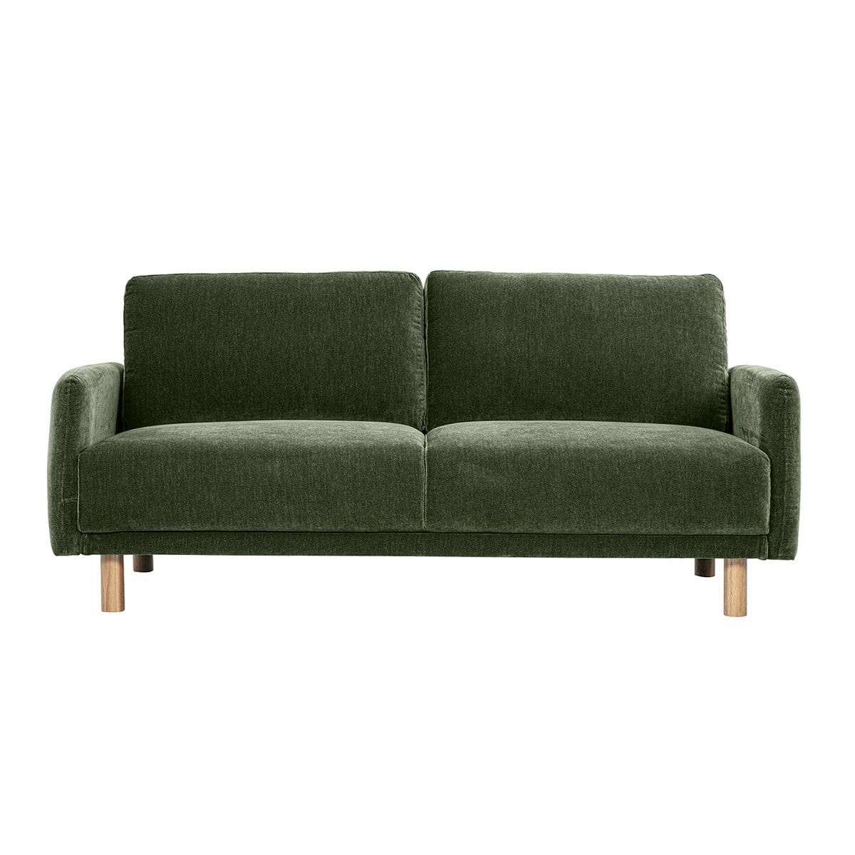 Canapé design 3 places en tissu effet velours vert kaki et bois clair BONO