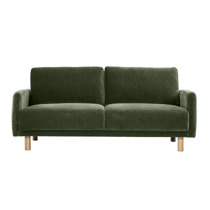Canapé design 3 places en tissu effet velours vert kaki et bois clair BONO