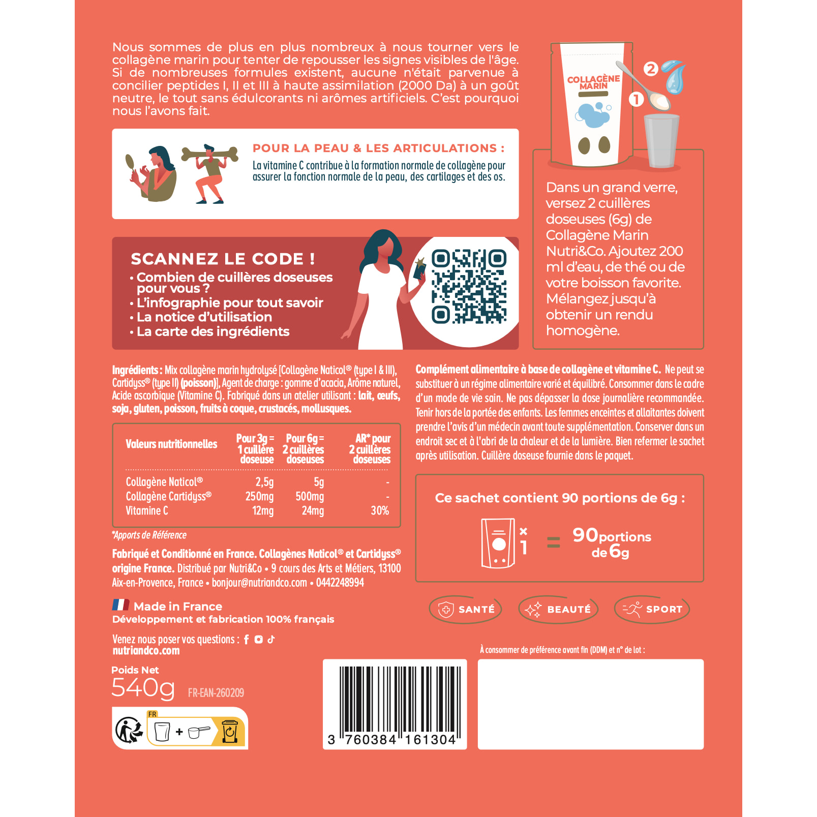 Nutri&Co Collagène Marin Type 1, 2 & 3 Peau & Articulations Goût Neutre - 540g