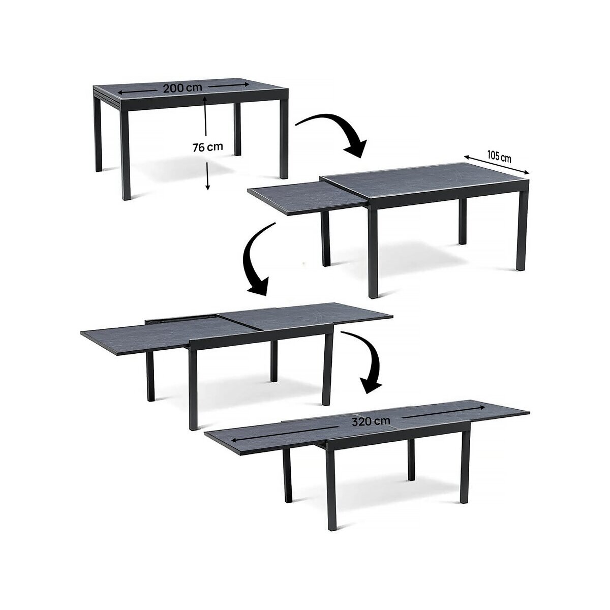 Salon de jardin repas extensible "Lagos" - 200/320 x 105 x 76 cm - 12 places - Gris foncé