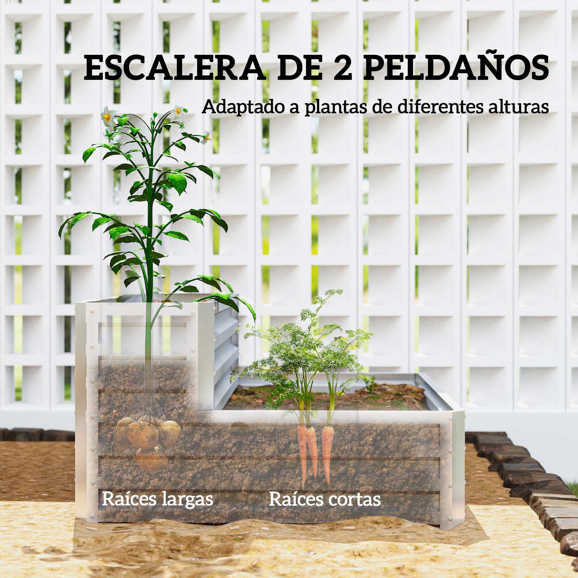 Huerto Urbano de 2 Niveles de Acero Galvanizado, Jardinera Exterior con Diseño de Escalera y Fondo Abierto para Cultivos, Plantas, Herbaria, para Terraza, Jardín, 120x101x58 cm, Plateado