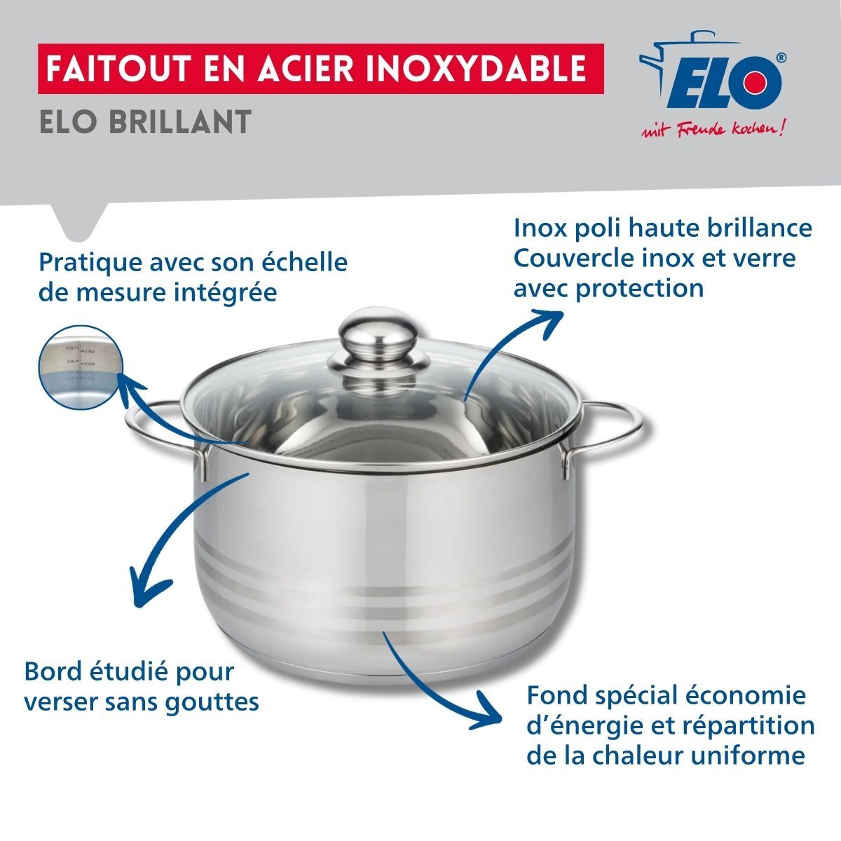 Faitout en acier inoxydable sans PFAS Elo Brillant