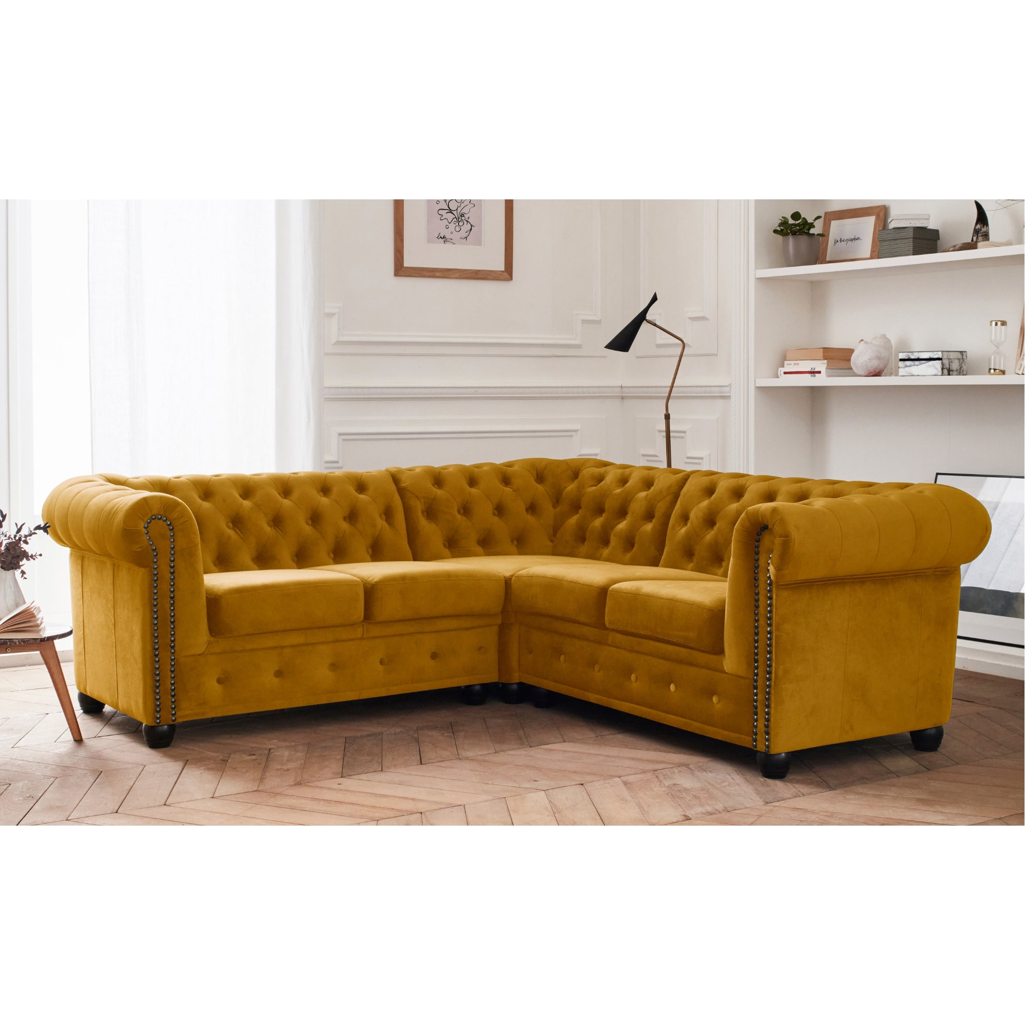 William - canapé Chesterfield d'angle réversible - 5 places - en velours - Jaune