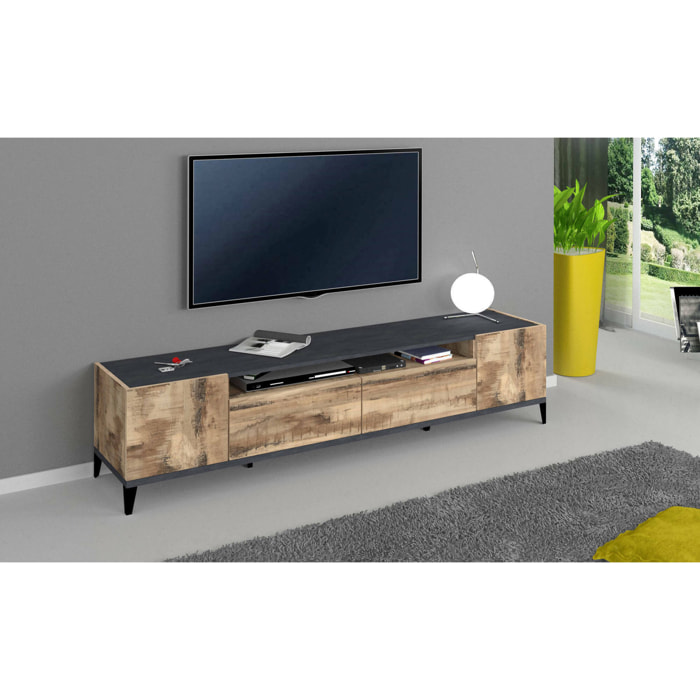 Mobile porta TV Abina, Credenza bassa da soggiorno a 2 ante, Base porta televisione, 100% Made in Italy, cm 200x40h47, Ardesia e Acero