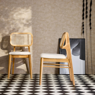 Lot de 2 chaises bois d'hévéa. cannage et tissu beige. bohème. L 43 x P 55 x H 81cm