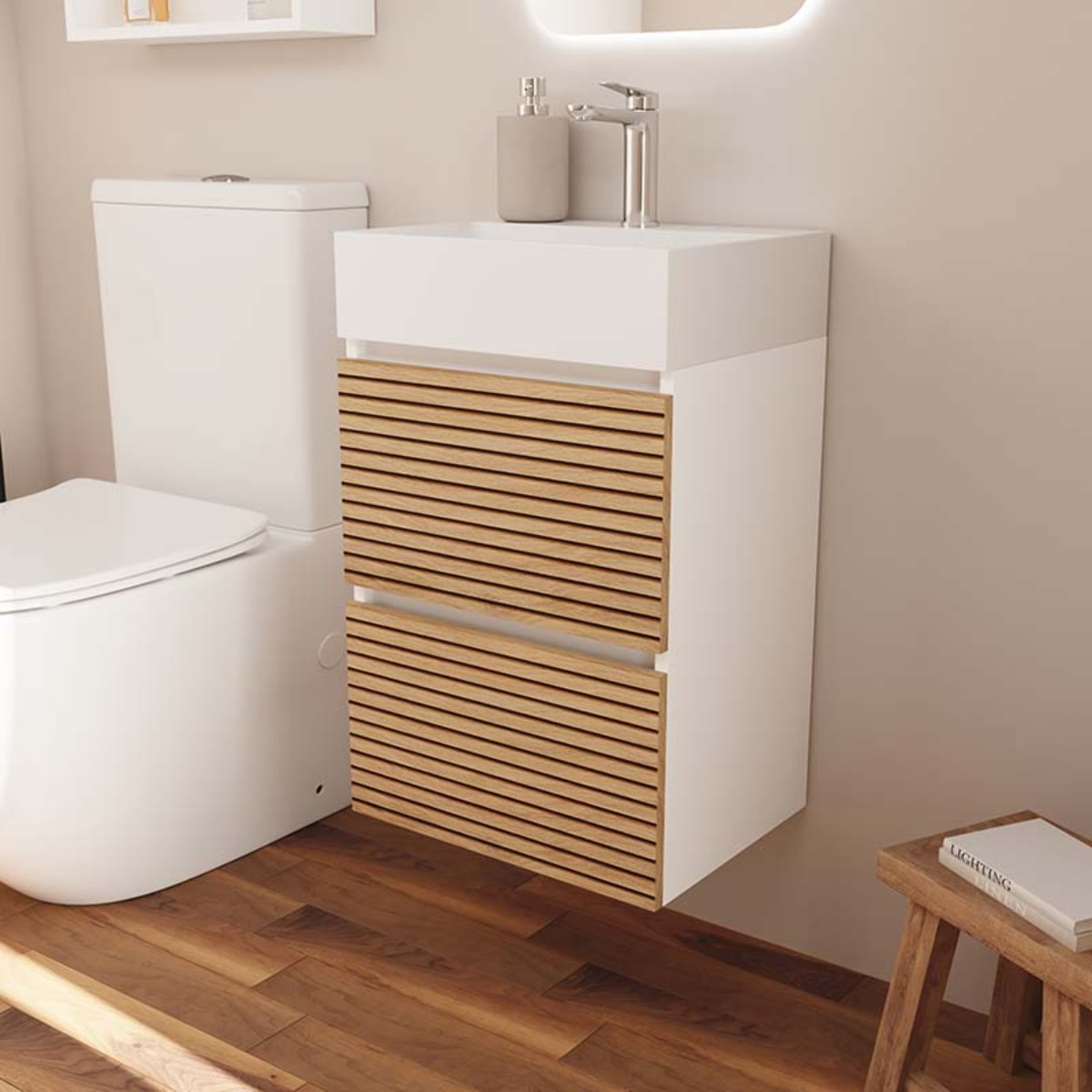 Meuble de Salle de Bain YINU | 45 cm Blanc - Solomon | Fond 36 cm | Deux Tiroirs | Lavabo Encastre | N'inclut Pas Miroir | Meuble Monte | Alday