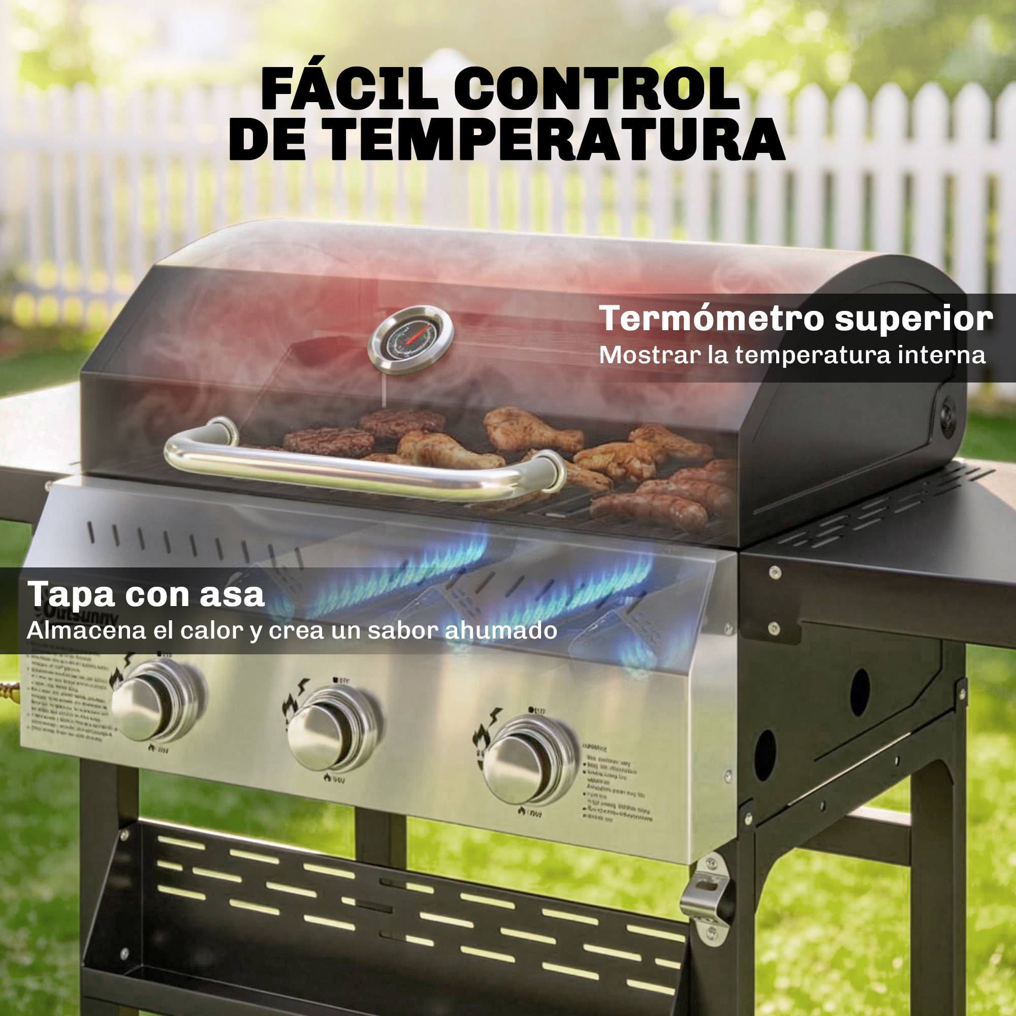 Barbacoa de Gas BBQ Gas con 3 Quemadores 9 kW Barbacoa Portátil con Termómetro Mesas Laterales Plegables Estante Rejilla Calentadora Especiero Parrilla Recogedor Grasa 2 Ruedas Ganchos Negro
