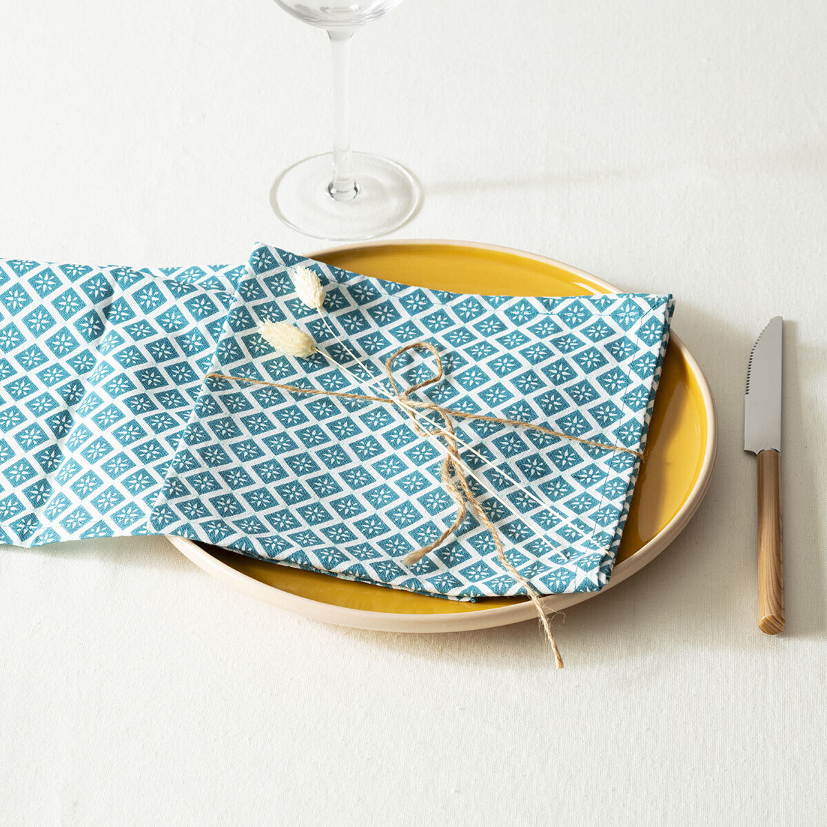 Lot de 4 serviettes de table imprimées "Etnik" - bleu canard - coton 40x40 cm