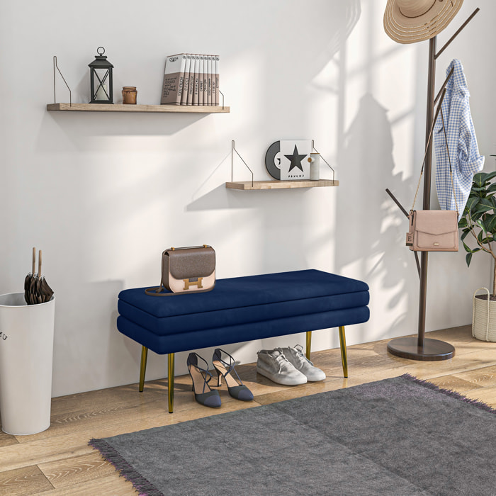 Banquette coffre de rangement 2 en 1 piètement effilé incliné acier doré velours bleu marine