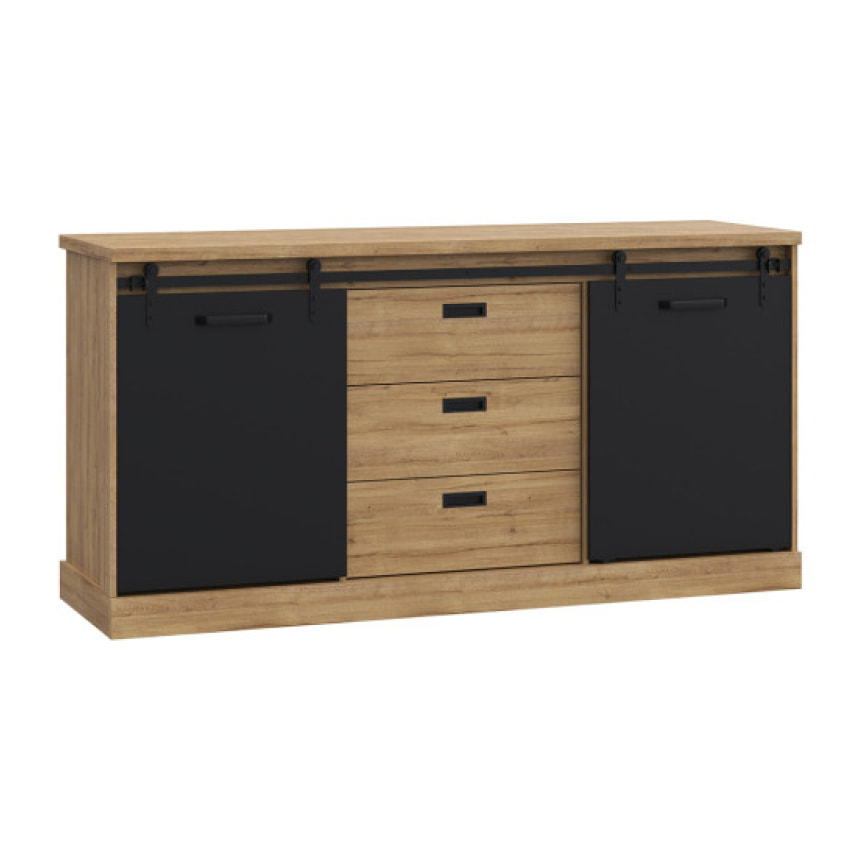 Buffet bas en bois effet chêne & noir L174cm - FACTORY