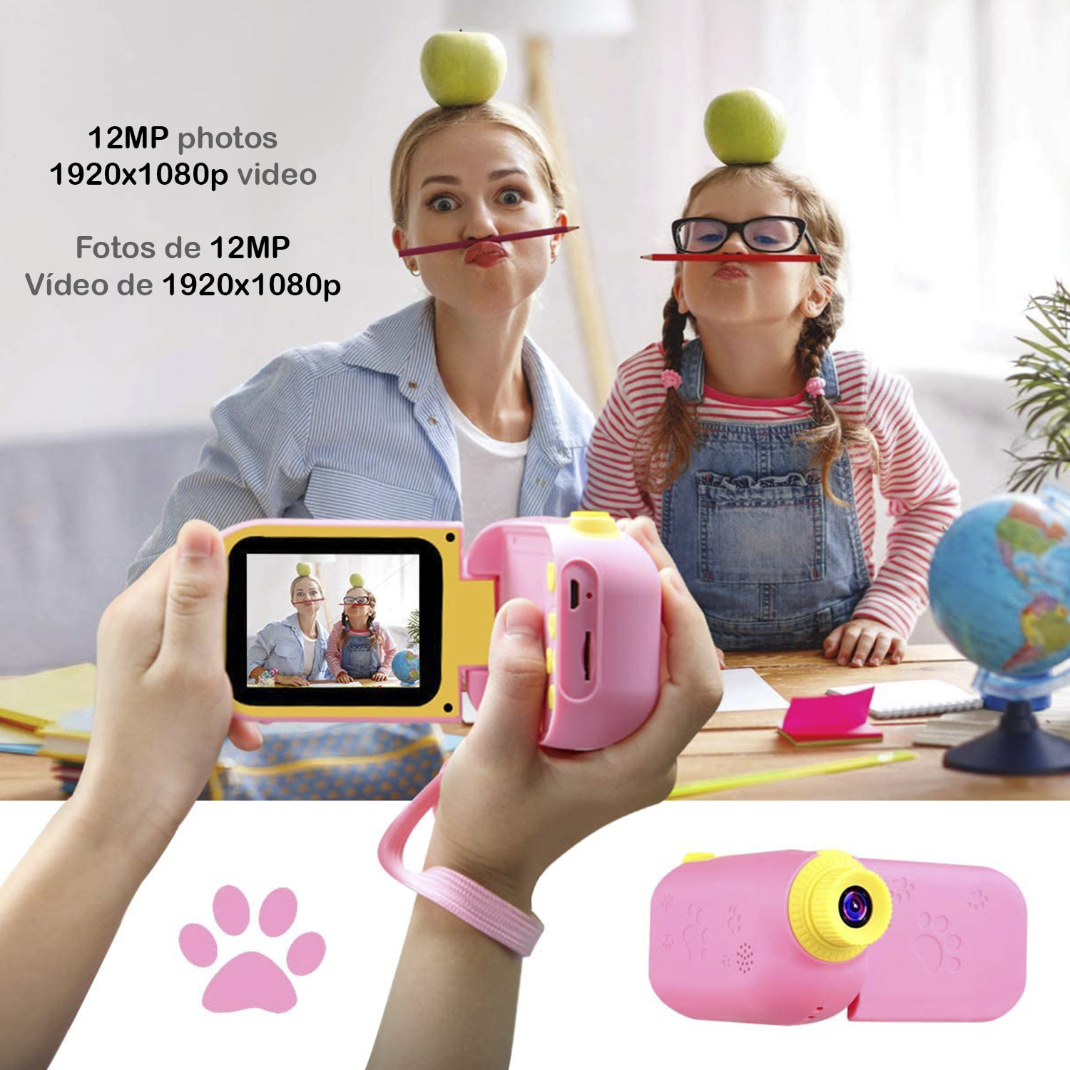 Fotocamera digitale per bambini di foto e video con giochi. Schermo pieghevole da 2,4". 12 mpx e video Full HD.