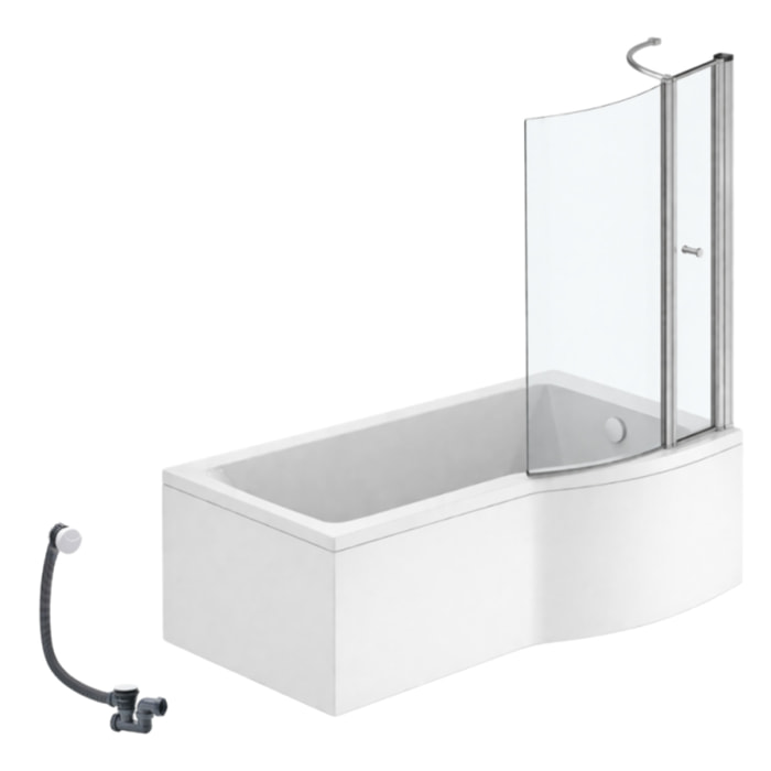 Pack baignoire bain douche 150 x 80 cm droite Connect Air + tablier + pare bain avec volet + vidage Blanc