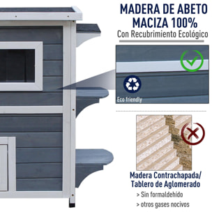 Caseta para Gatos de Madera Exterior Casa para Gatos de 2 Pisos con Techo Abrible Ventanas y 2 Plataformas para Terraza Balcón Jardín 51x51x81,3 cm Gris