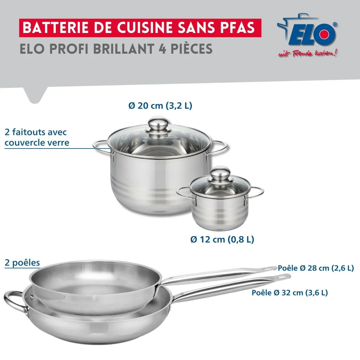 Ensemble de 2 Poêles de cuisson 28 et 32 cm et 2 faitouts 12 et 20 cm Elo Profi Brillant