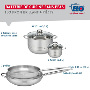 Ensemble de 2 Poêles de cuisson 28 et 32 cm et 2 faitouts 12 et 20 cm Elo Profi Brillant