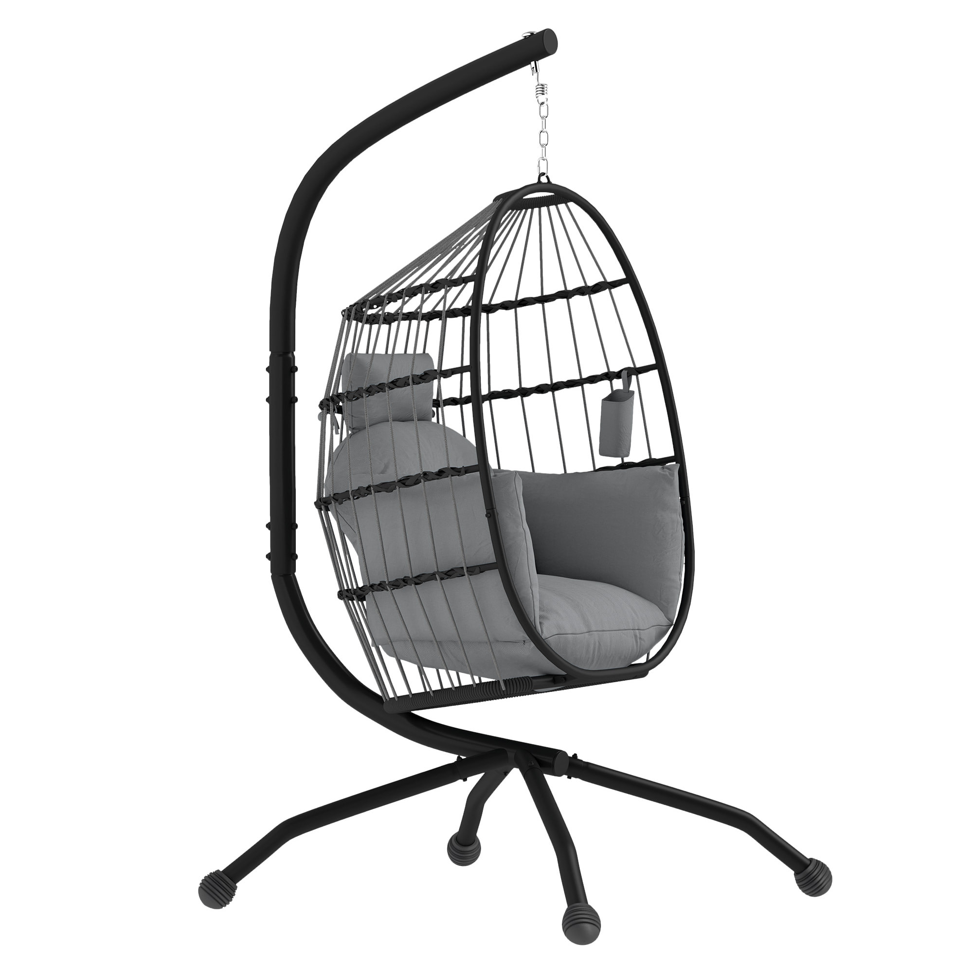 Silla Colgante Huevo con Soporte Columpio Jardín Exterior con Cesta Plegable Cojín y Reposacabezas Portavaso Columpio Colgante para Interior y Exterior Carga 120 kg Gris