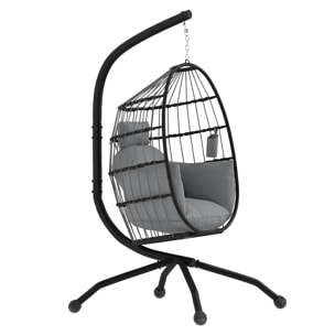 Silla Colgante Huevo con Soporte Columpio Jardín Exterior con Cesta Plegable Cojín y Reposacabezas Portavaso Columpio Colgante para Interior y Exterior Carga 120 kg Gris