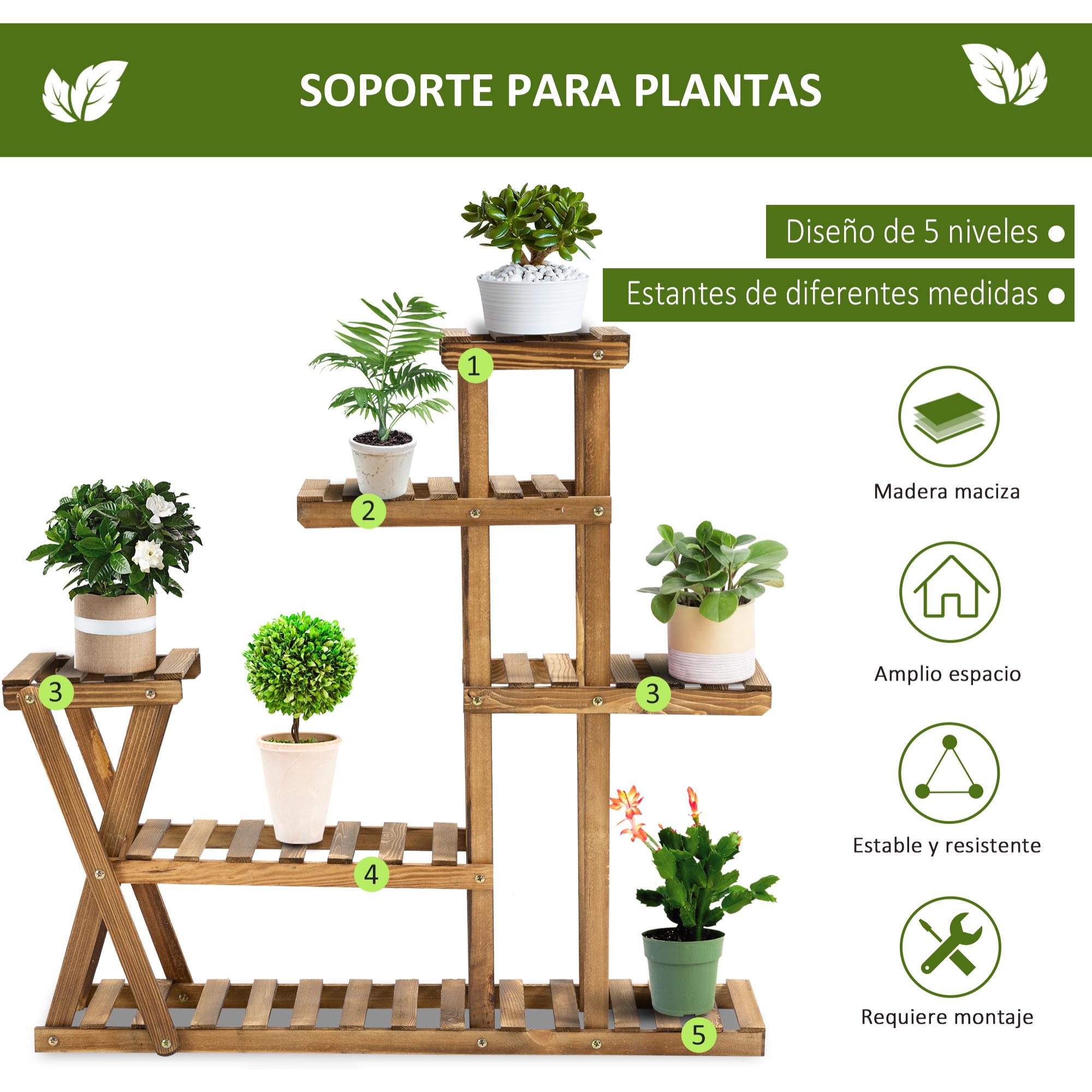 Soporte para Plantas Estantería para Plantas con Pies de Madera Estantería para Flores con 5 Niveles Carga 60 kg para Interior y Exterior 98x28x95 cm Carbonizado