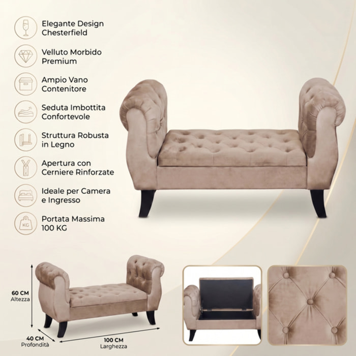Divanetto Contenitore Imbottito in Effetto Velluto con Vano Contenitore Integrato, Seduta Elegante dallo Stile Classico per Camera da Letto, Ingresso e Soggiorno