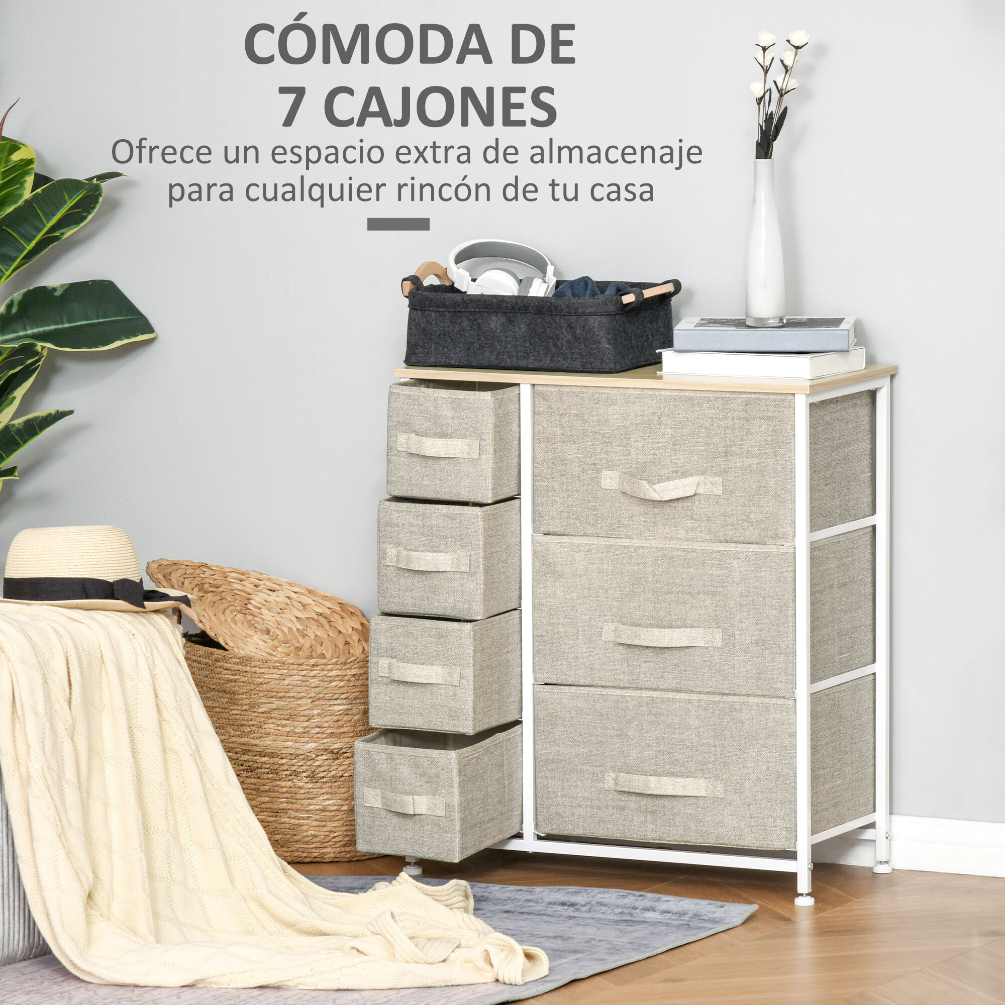 HOMCOM Cómoda con 7 Cajones de Tela Cajonera Armario de Almacenaje Multifuncional para Dormitorio Salón Pasillo 63,5x30x71 cm Gris