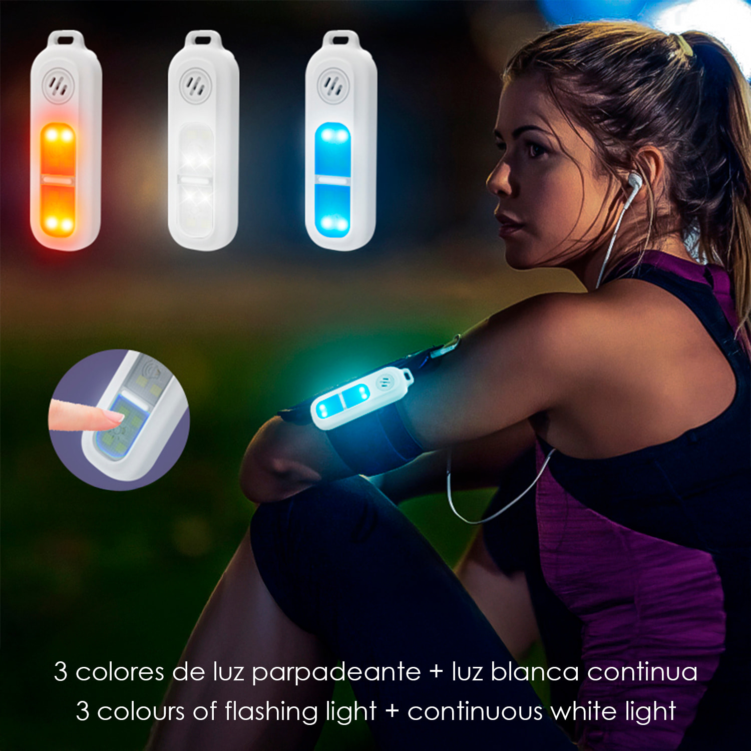 Allarme SOS personale con luce LED brillante bianca, rossa e blu, suono di 130 dB. Batteria ricaricabile e attivazione rapida mediante pressione.
