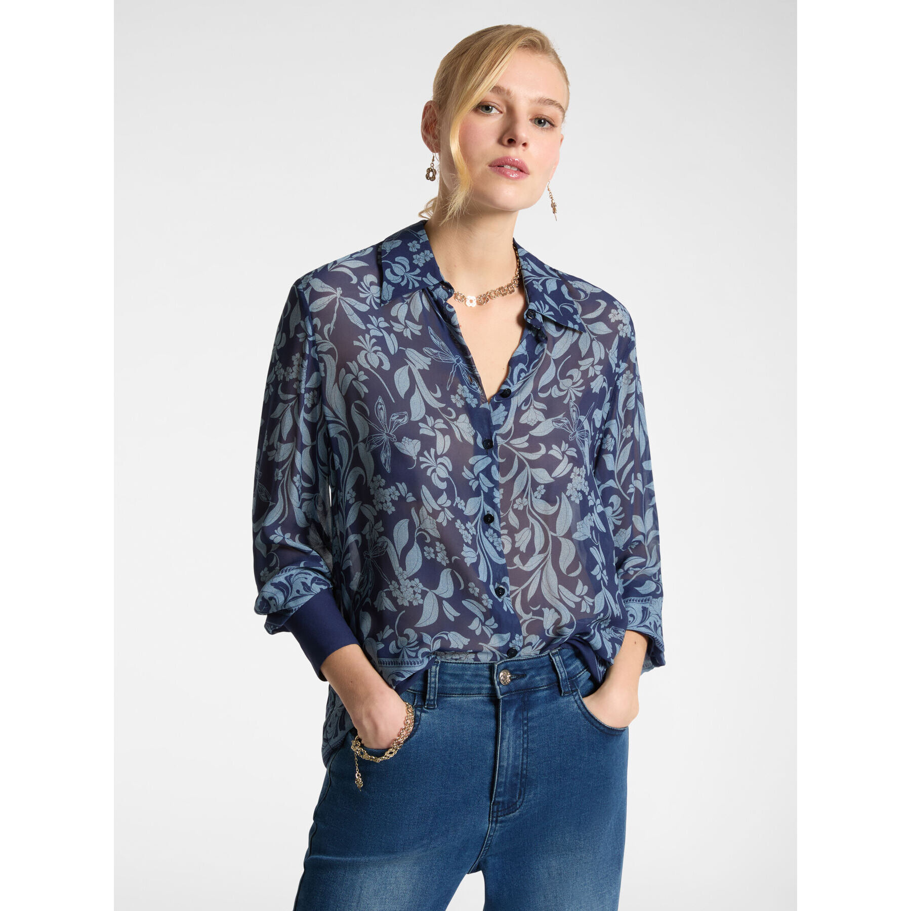 Elena Mirò - Camicia dalla stampa foliage - Blu