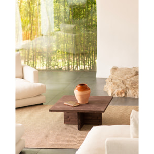 Mesa de centro cuadrada de madera maciza en tono nogal de 80x80cm Alto: 33.2 Largo: 80 Ancho: 80