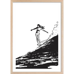 Poster surfeuse longboard Affiche + cadre en bois - Chêne