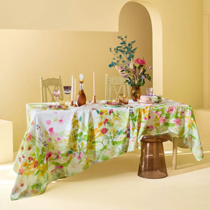 Nappe lin & coton lavé 150 g/m² imprimé rose jaune vert Souffle fleuri printemps